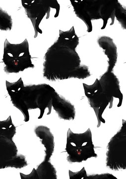 Seamless pattern with black cats. Digital animal texture. Repeated pattern with black fluffy cats.
