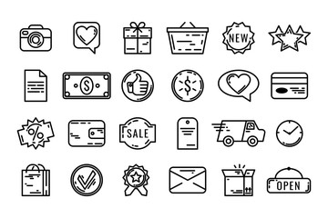 Fototapeta premium Set of 24 E-commerce and shopping web icons in line style. Vector illustration.
