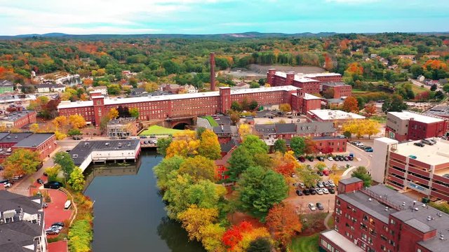 Autumn Slow Rotating Drone Shot Over Downtown Dover New Hampshire