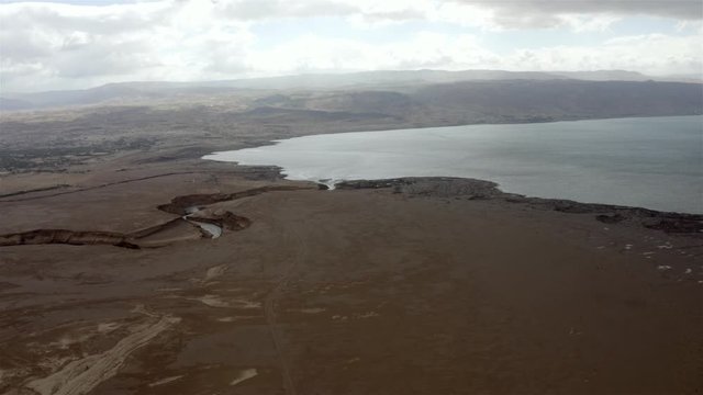 Jordan River, River mouth, entering the Dead Sea in winter,Aerial drone view- Israel