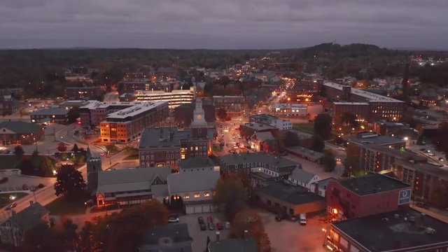Night Pan Drone Shot Over Town Hall In Downtown Dover New Hampshire