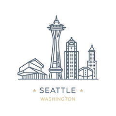 City Seattle, state of Washington. Line icon of famous and largest city of USA. Outline icon for web, mobile and infographics. Landmarks and famous building. Vector illustration, white isolated. 