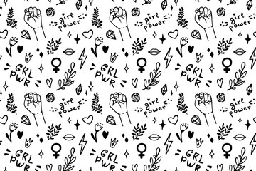 Vector seamless pattern with hand drawn elements on feminism theme: raised fist, slogans, symbol, crown, lips, hearts, branches, diamonds, sparks. - obrazy, fototapety, plakaty