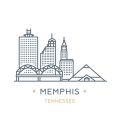 City Memphis, state of Tennessee. Line icon of famous and largest city of USA. Outline icon for web, mobile and infographics. Landmarks and famous building. Vector illustration, white isolated. 