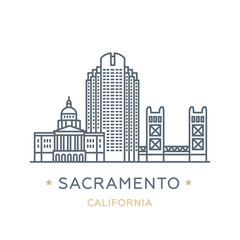 City Sacramento, state of California. Line icon of famous and largest city of USA. Outline icon for web, mobile and infographics. Landmarks and famous building. Vector illustration, white isolated. 