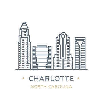 City Charlotte, state of North Carolina. Line icon of famous and largest city of USA. Outline icon for web, mobile and infographics. Landmarks and famous building. Vector illustration, white isolated