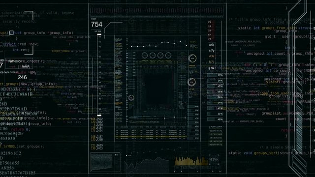 HUD technological User Interface.Programming text code. SciFi screens with HUD elements and Digital Infographic.The Camera follow through the HUD screens.