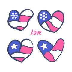 Collection of creative vibrant hearts with usa flag. Vector illustration for American Independence Day, national holidays.