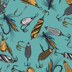 Vintage fishing lures seamless pattern