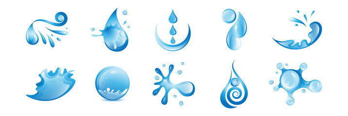 Fototapeta premium Water Splash Vector And Drop Set - Isolated On White. Vector Collection Of Flat Water Splash and Drop Logo. Icons For Droplet, Water Wave, Rain, Raindrop, Company Logo And Bubble Design