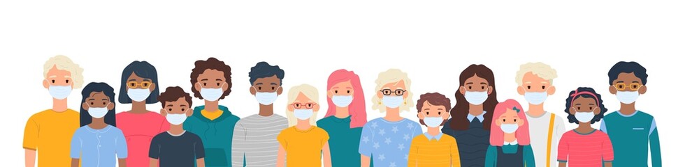 Fototapeta premium Children with medical masks on faces to protect their against coronavirus covid-19, 2019-nCov isolated on white background. Kids virus protection concept. Stay safe. Vector illustration