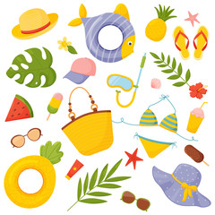 Summer beach set with hand drawn elements. Vector illustration on a white background.