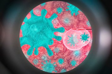 Obraz na płótnie Canvas Image of coronavirus particles and a syringe needle through a microscope. 3D illustration