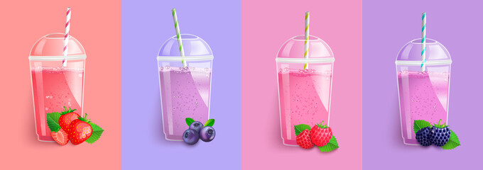 Strawberry,blackberry,blueberry, raspberry smoothie set.Juice to go with fresh berries.Summer background for banner,poster,brand,template and label,packaging,packing,emblem and advertise.Vector