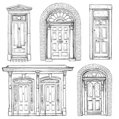 Collection of hand drawn vintage doors. Vector illustration