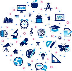 education icon concept: school / college / learning & studying interconnected symbols - vector illustration - obrazy, fototapety, plakaty