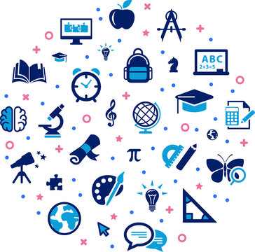 education icon concept: school / college / learning & studying interconnected symbols - vector illustration