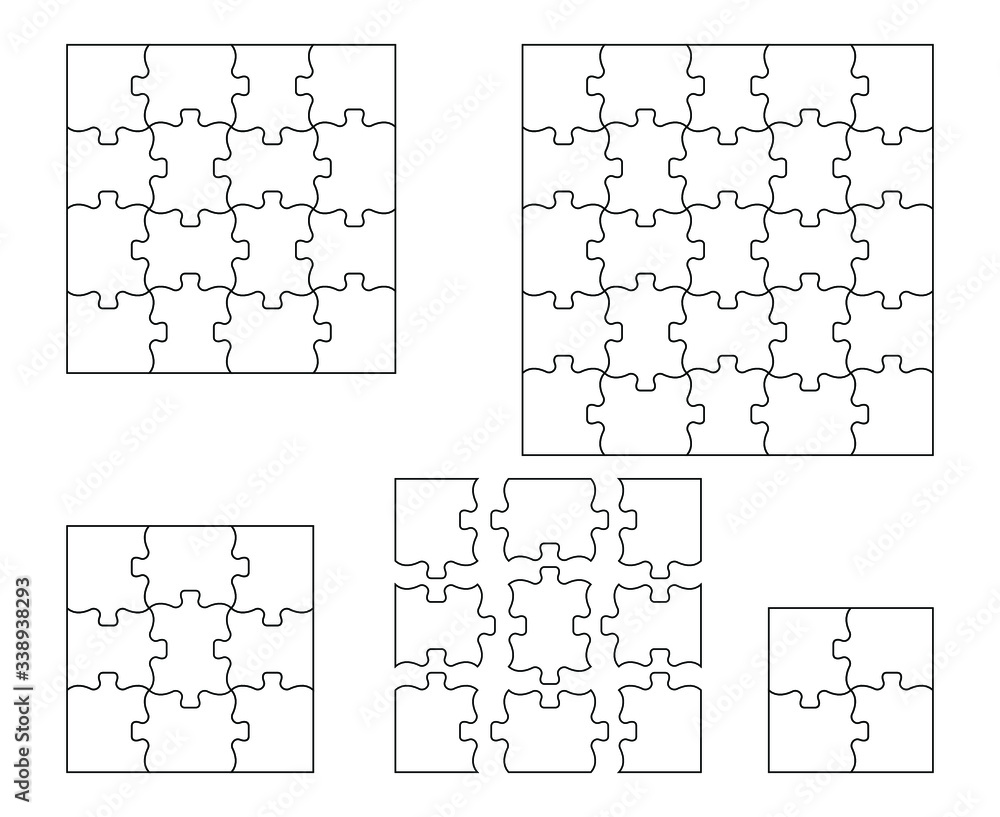 Poster set of four,nine,sixteen and twenty five puzzle pieces. puzzle with different types of details and t