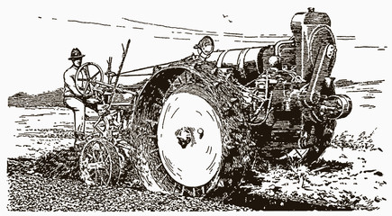 Historical farmer driving a tractor in a rough field in three-quarter front view. Illustration after an engraving from the early 20th century
