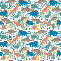 Seamless hand drawn pattern with dinosaurs and fern