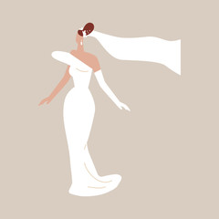 Bride in a wedding dress with a bouquet in her hands. Fashion look. Flat vector illustration.