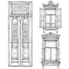 Collection of hand drawn vintage door and windows. Vector illustration