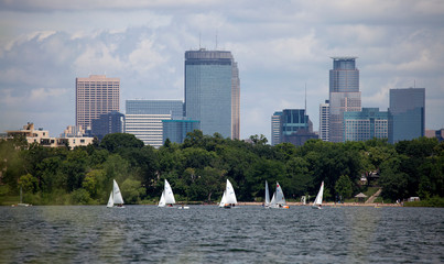 Sailing regatta on Lake Calhoun with downtown Minneapolis as a backdrop. Minneapolis Minnesota MN USA