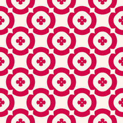 Vector floral seamless pattern. Red and beige geometric ornament, abstract background texture with flower shapes, circles. Vintage style. Festive holiday design for prints, decor, textile, wrapping