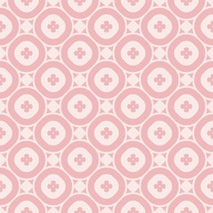 Pink vector floral seamless pattern. Elegant geometric ornament, abstract background texture with flower shapes, circles, grid. Cute fashionable design for babies, girls, prints, decoration, clothing