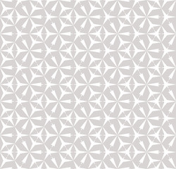 Vector abstract floral geometric background. Subtle grid seamless pattern. Elegant white and light gray ornament texture with flower silhouettes, lattice, mesh, triangular shapes. Repeatable design