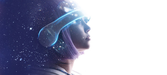 Beautiful woman with purple hair over white background. Girl in glasses of virtual reality....