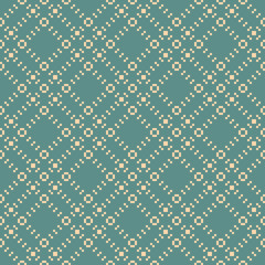 Square grid seamless pattern. Vector abstract geometric texture with small squares, cross lines, net, lattice, grill. Retro vintage style background. Tan and teal colors. Decorative repeated design