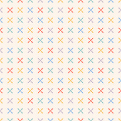 Cute funky seamless pattern. Vector minimalist geometric texture with small colorful crosses on white background. Simple abstract ornament for kids, boys and girls. Design for decor, print, wallpapers