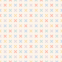 Cute funky seamless pattern. Vector minimalist geometric texture with small colorful crosses on white background. Simple abstract ornament for kids, boys and girls. Design for decor, print, wallpapers