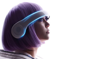 Beautiful woman with purple hair in futuristic costume over white background. Girl in glasses of virtual reality. Augmented reality, game, future technology, AI concept. VR. Blue, violet neon light.
