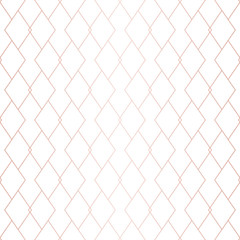 Fototapeta na wymiar Rose gold lines pattern. Vector geometric seamless texture. Pink and white ornament with delicate grid, lattice, net, rhombuses, thin lines. Abstract graphic background. Premium repeatable design