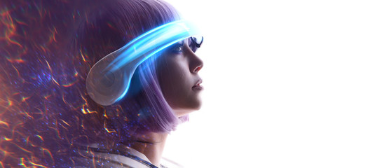 Beautiful woman with purple hair in futuristic costume over white background. Girl in glasses of virtual reality. Augmented reality, game, future technology, AI concept. VR. Blue, violet neon light. 