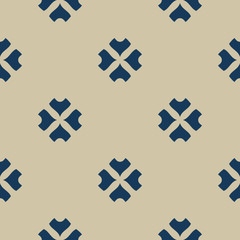 Fototapeta premium Vector geometric floral seamless pattern. Abstract gold and blue texture with curved shapes, flower silhouettes, petals, leaves. Elegant golden ornament background. Luxury minimalist repeated design