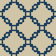 Vector golden geometric seamless pattern with grid, chains, mesh, net, lattice, repeat tiles. Abstract blue and gold ornament texture. Simple minimal background. Design for decoration, cloth, textile