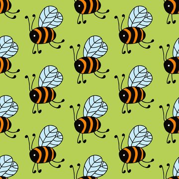 Flying bees in cartoon style on green background. Vector seamless pattern. Design for gift wrap, cover, fabric, cards, wallpapers, backdrops, panels. 