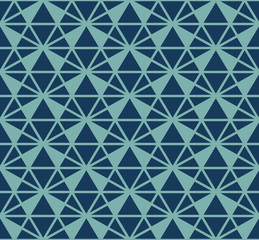 Vector triangles pattern. Abstract geometric seamless texture in navy blue and turquoise color. Simple ornament with grid, lattice, net, triangles. Funky colorful graphic background. Repeatable design