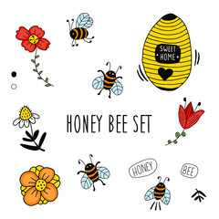 Beehive, apiary with various flowers, bees and text 