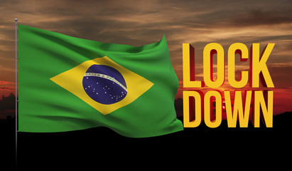 Coronavirus COVID-19 lockdown concept with waving national flag of Brazil. Pandemic 3D illustration.