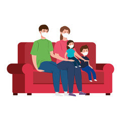 campaign stay at home with family using face mask in living room vector illustration design