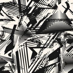 Abstract black and white grunge seamless pattern. Urban art texture with chaotic shapes, lines, triangles, brush strokes. Monochrome graffiti style vector background. Repeat design for tileable print