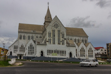 View of the old wooden cathedral of St. George's Cathedral Anglican Church in Georgetown, the capital of Guyana.