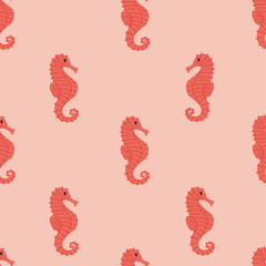 Obraz premium Seahorse seamless pattern. Cute hand draw pattern for kids on coral background. Cartoon seahorse for wrapping paper, fabric, textile, wallpaper, home decor