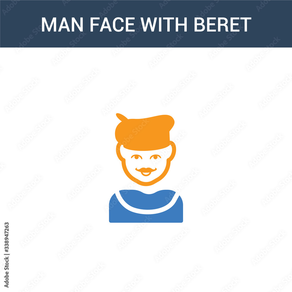 Poster two colored man face with beret and goatee concept vector icon. 2 color man face with beret and goat