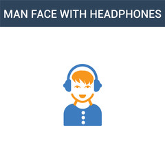 two colored Man face with headphones concept vector icon. 2 color Man face with headphones vector illustration. isolated blue and orange eps icon on white background.