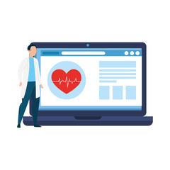 medicine online with doctor male in laptop vector illustration design